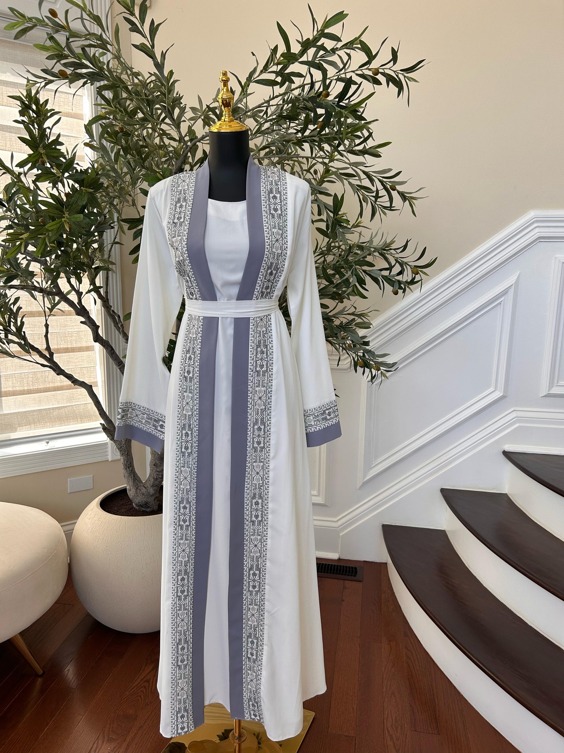 White And Grey Tatreez Beaded Two Piece Abaya