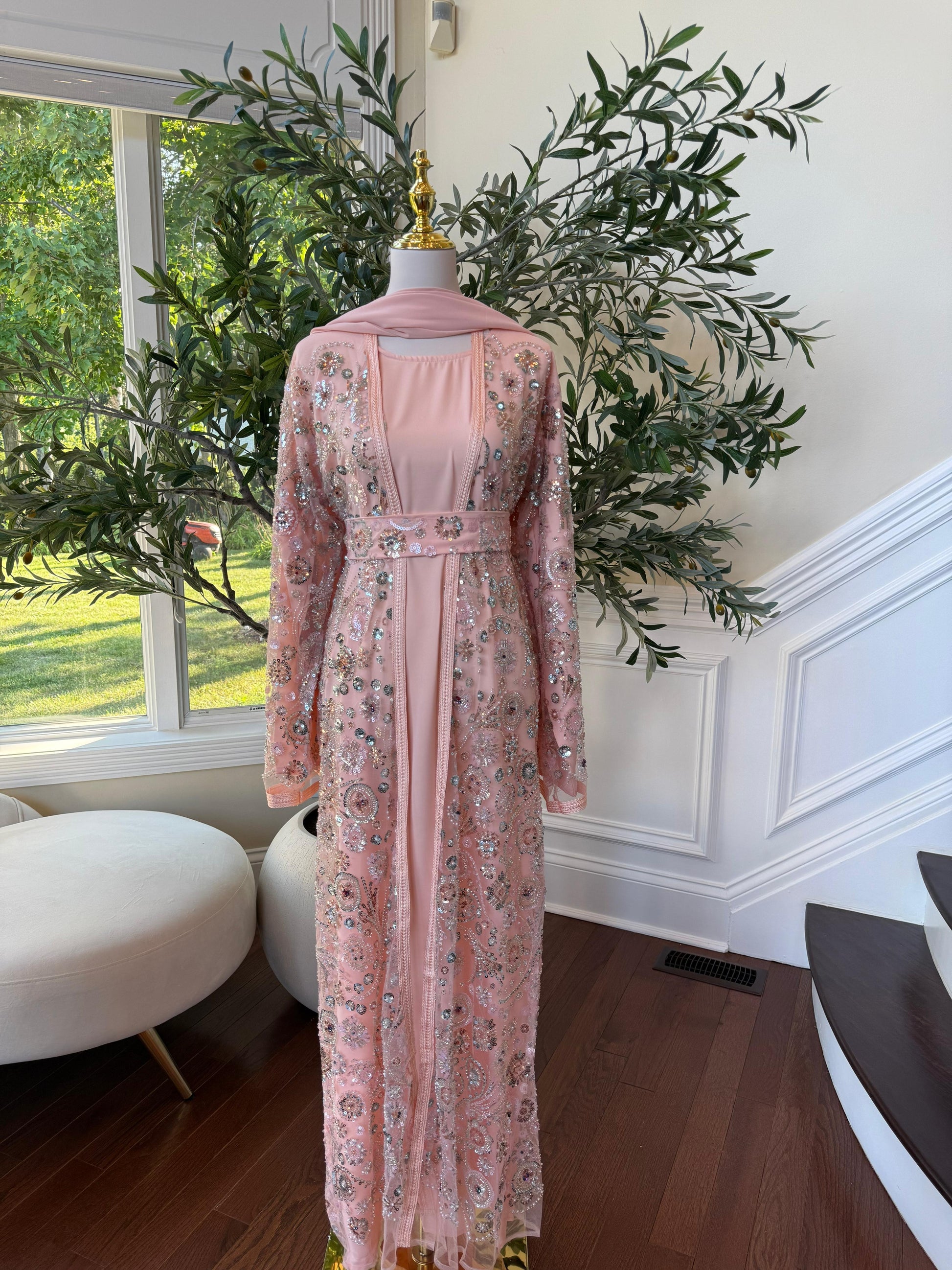 Peach Floral Sequin Detail Abaya