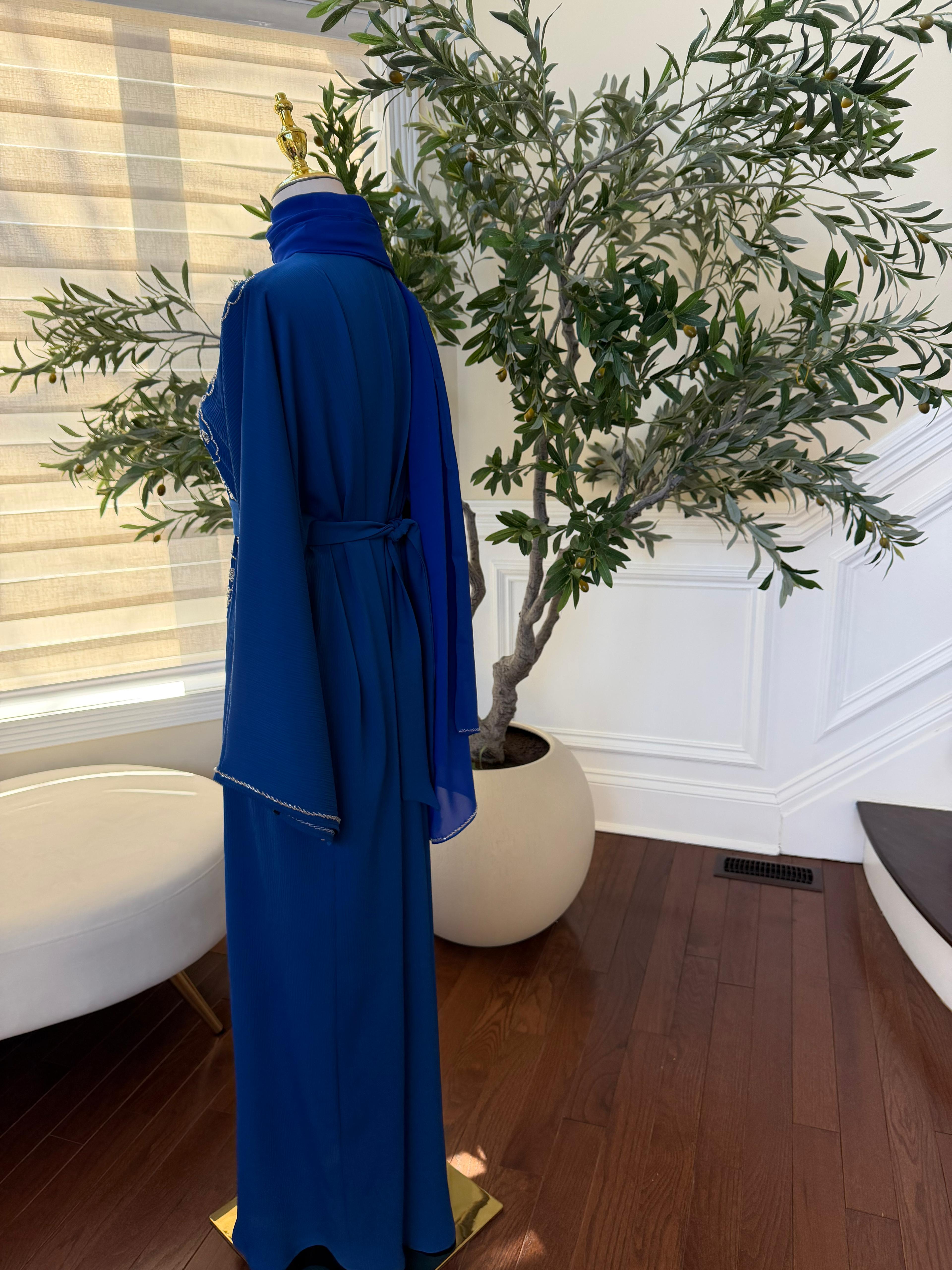 Blue Floral Charm Beaded Abaya