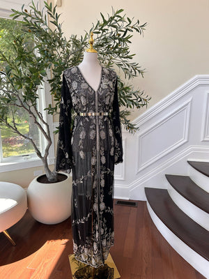 Black Silver Floral Beaded Stone Cardigan Abaya
