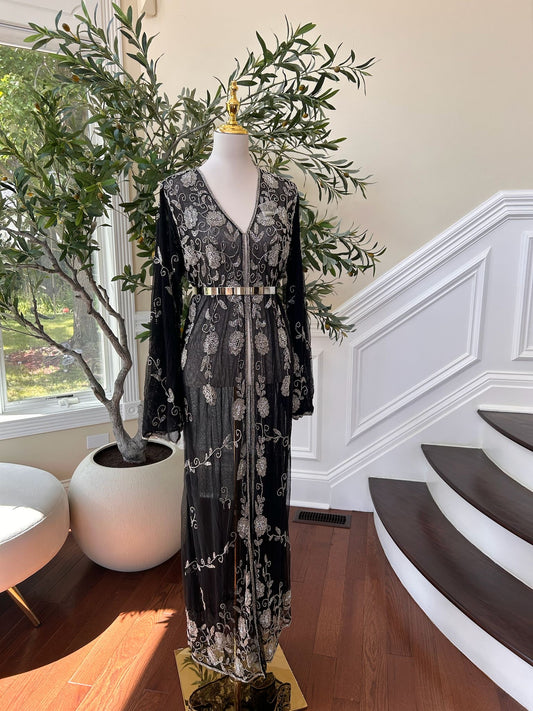 Black Silver Floral Beaded Stone Cardigan Abaya