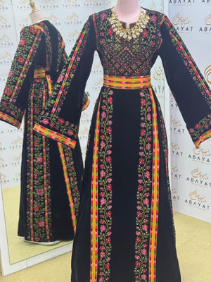 Royal Black Velvet Thobe – Wide Sleeves & Floral