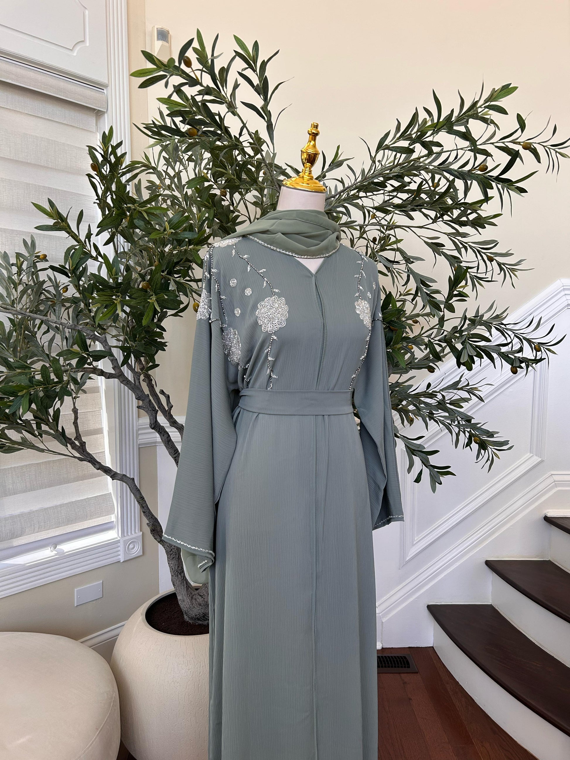 Mint Green Charm Beaded Abaya