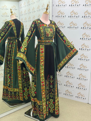 Traditional Palestinian Thobe in Green with Multicolor Tatreez
