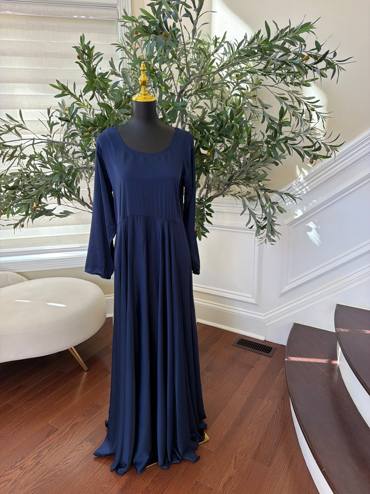Elegant Navy Blue Evening Gown with Shimmering Silver & Blue Floral Embroidery