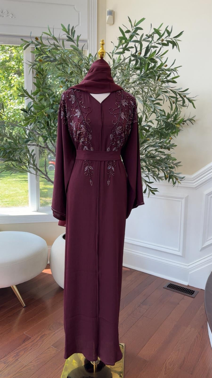 Burgundy Rose Quality Beaded Abaya