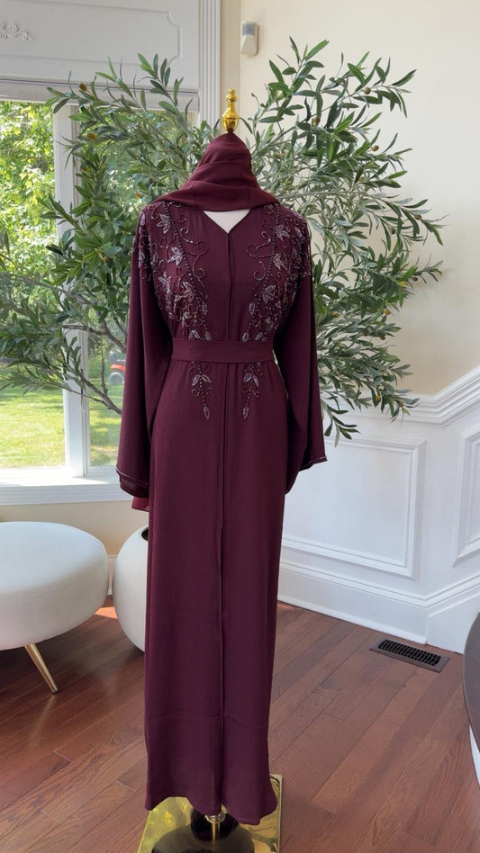 Burgundy Rose Quality Beaded Abaya