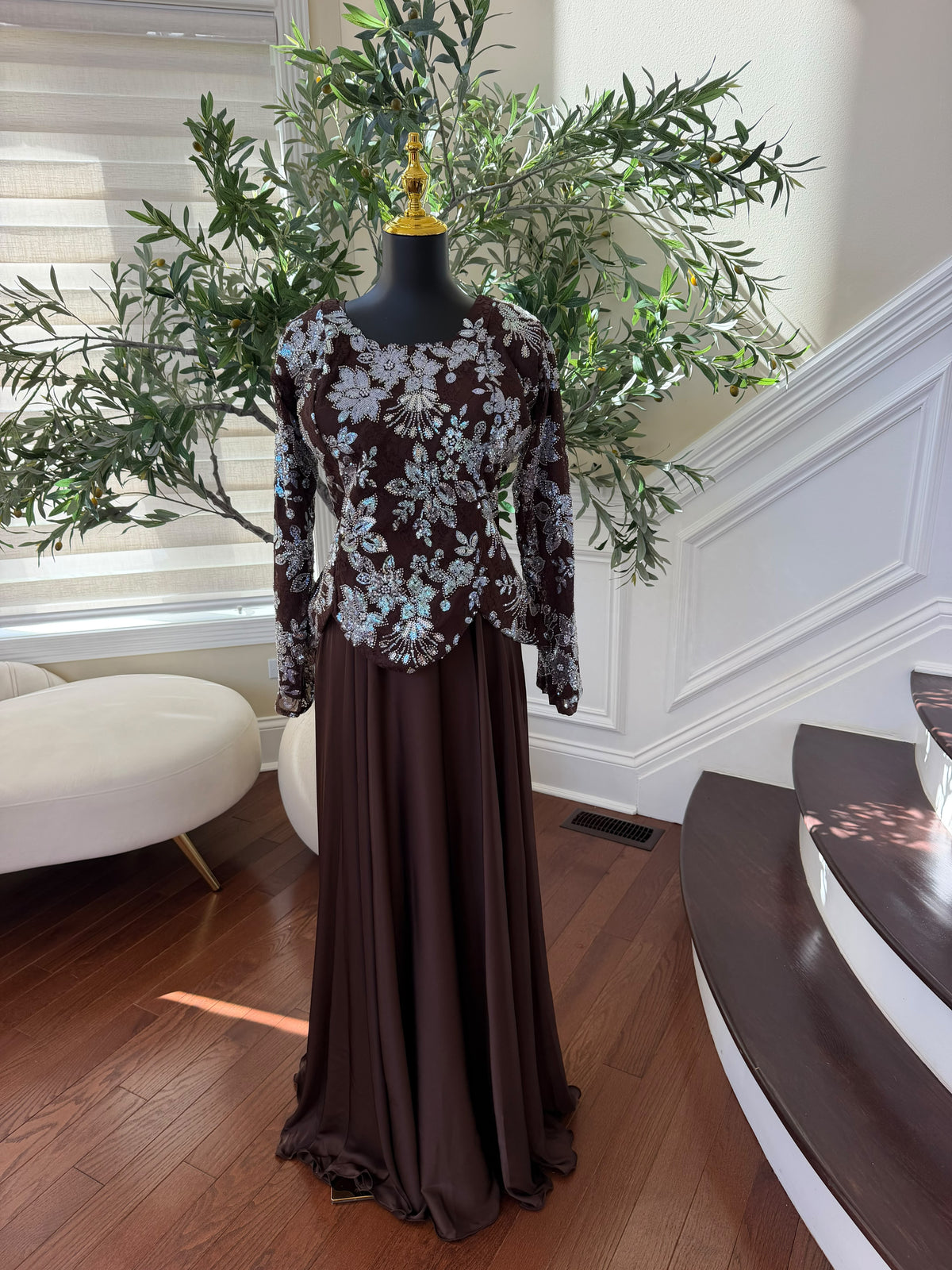 Elegant Chocolate Brown Gown with Silver Floral Embroidery