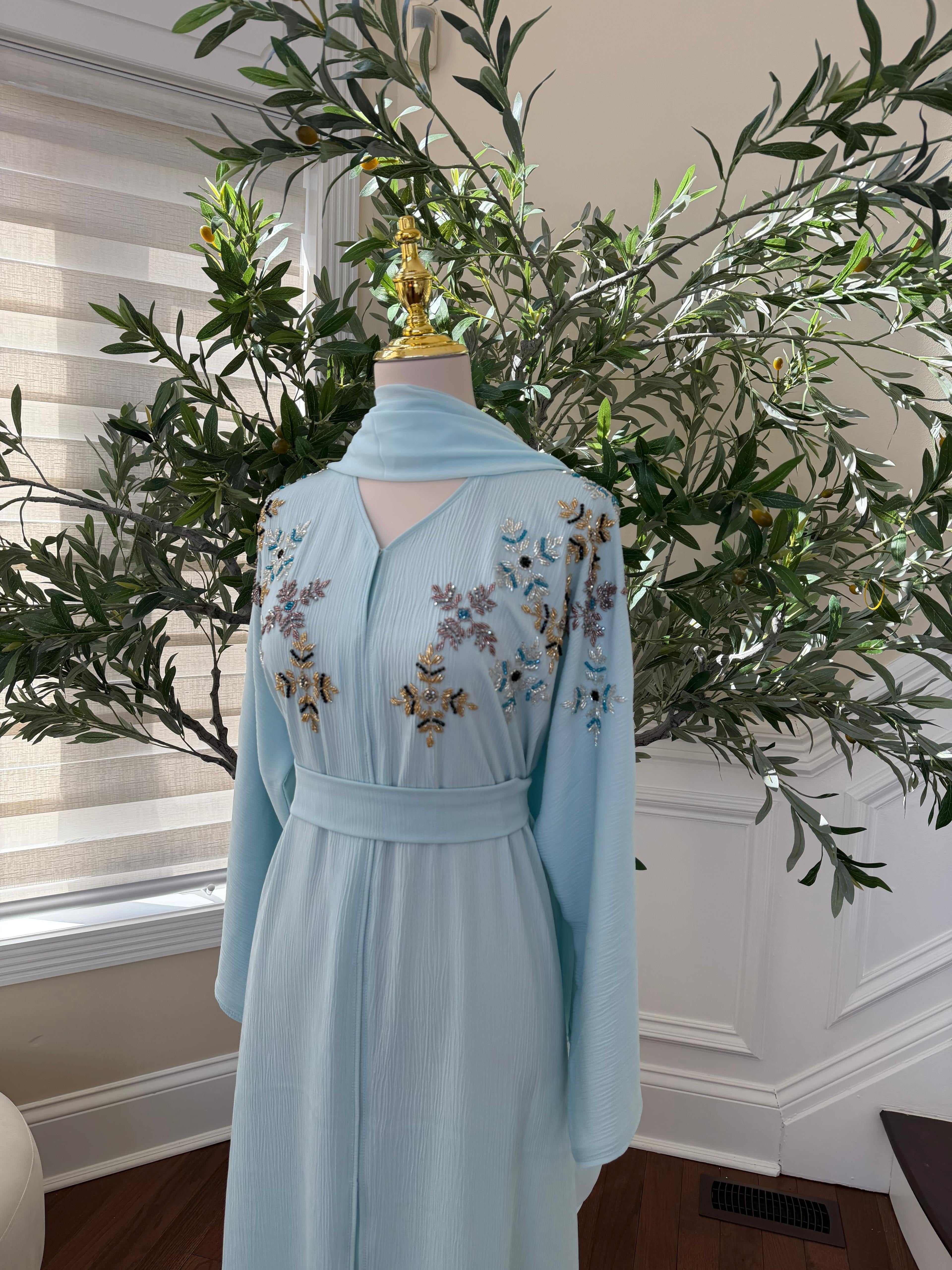 Baby Blue Floral Sequin Abaya