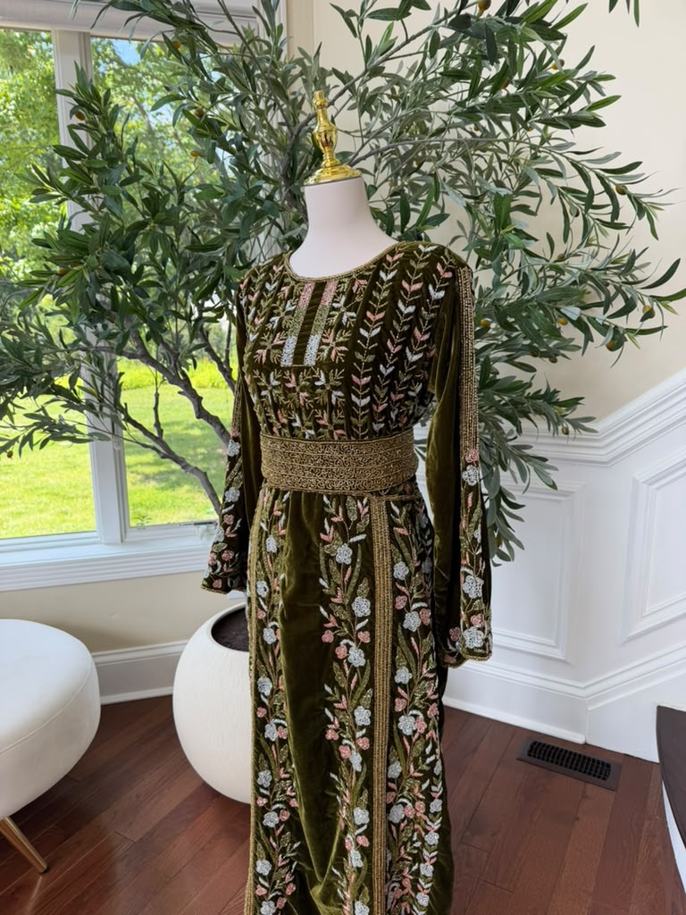 Velvet Olive Green Beaded Stone Thobe