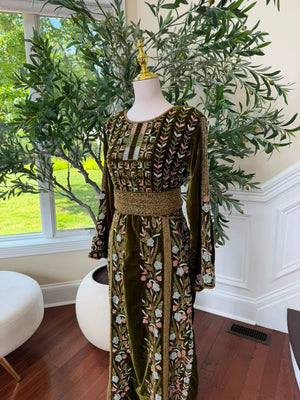 Velvet Olive Green Beaded Stone Thobe