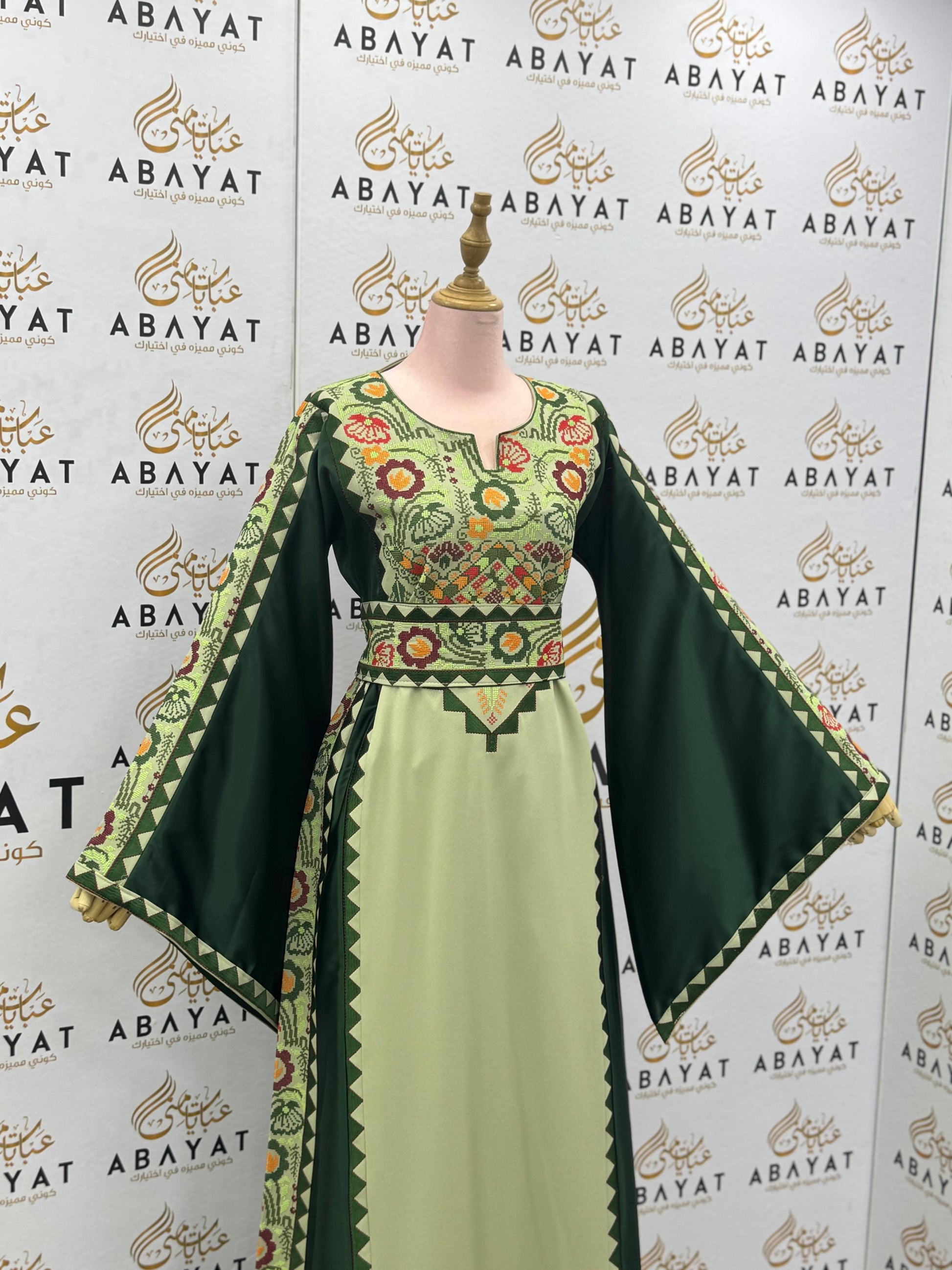 Traditional Palestinian Thobe in Light & Dark Green with Floral Tatreez