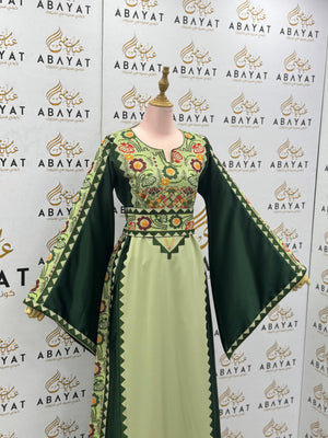 Traditional Palestinian Thobe in Light & Dark Green with Floral Tatreez
