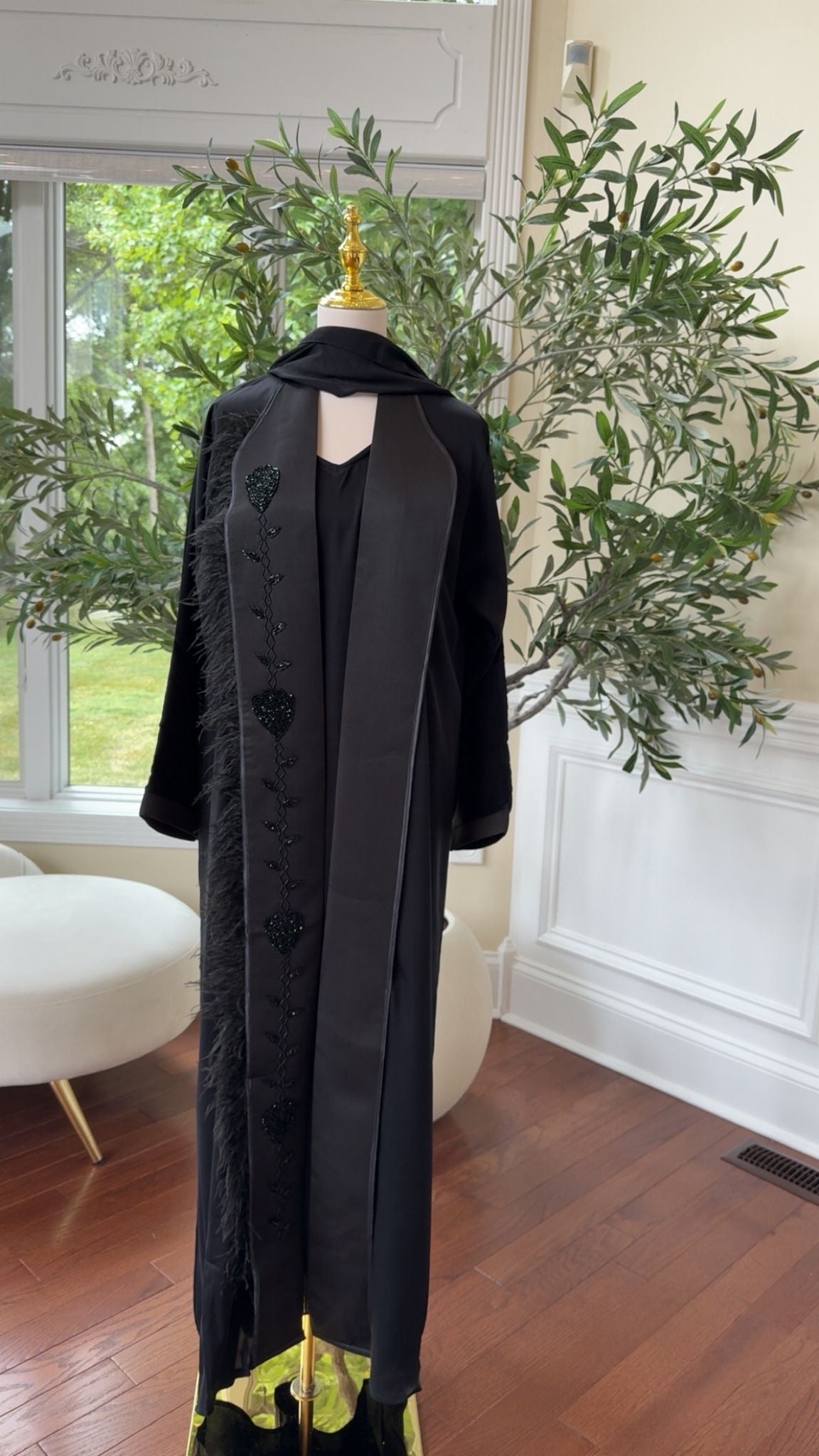 Beaded Black Embellishment with Luxe Feather Detailing