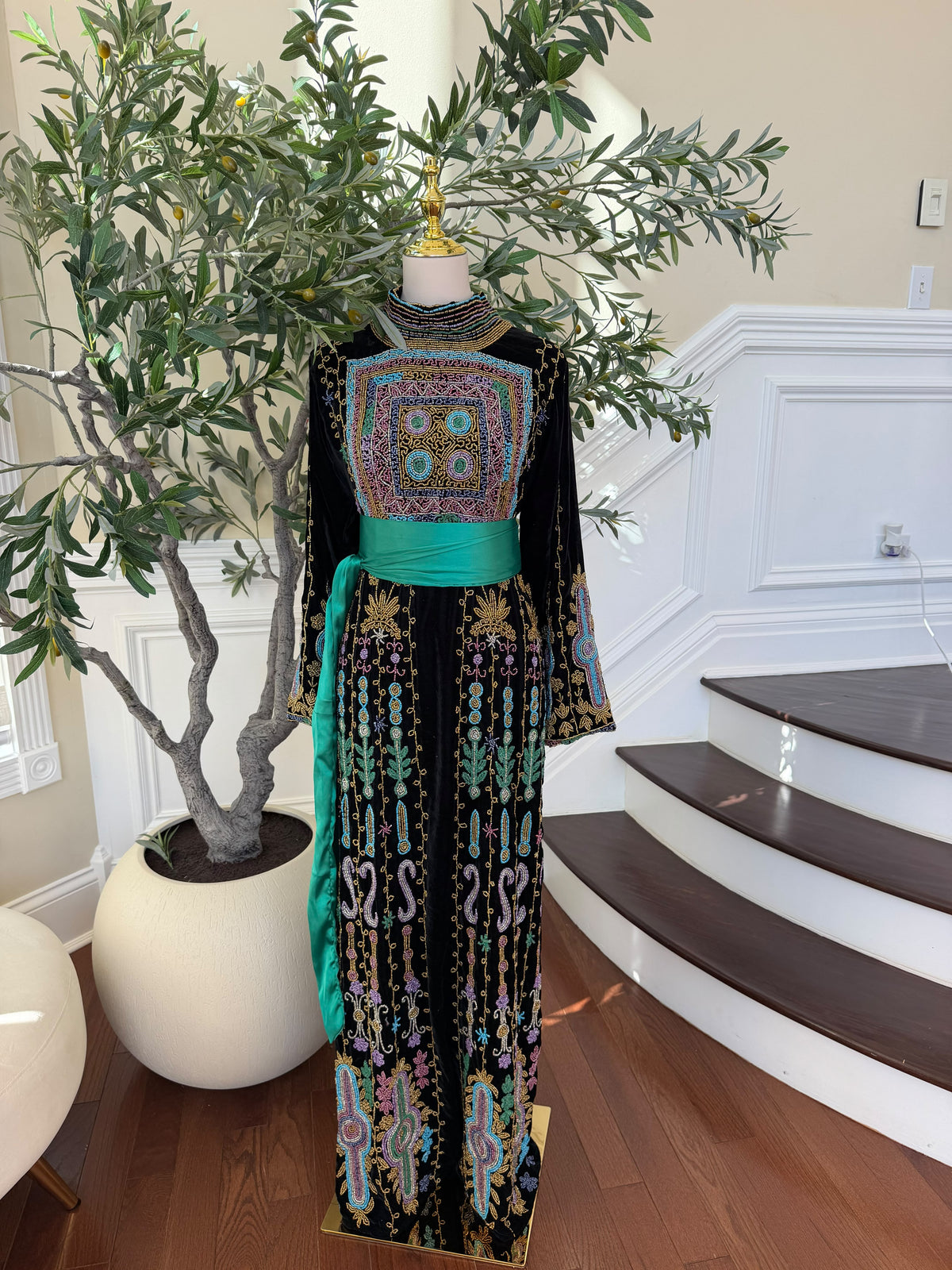 Elegant Black Palestinian Embroidered Thobe with Multicolor Detailing and Turquoise Sash (scarf not included)