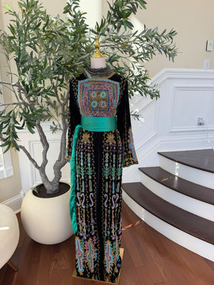 Elegant Black Palestinian Embroidered Thobe with Multicolor Detailing and Turquoise Sash (scarf not included)