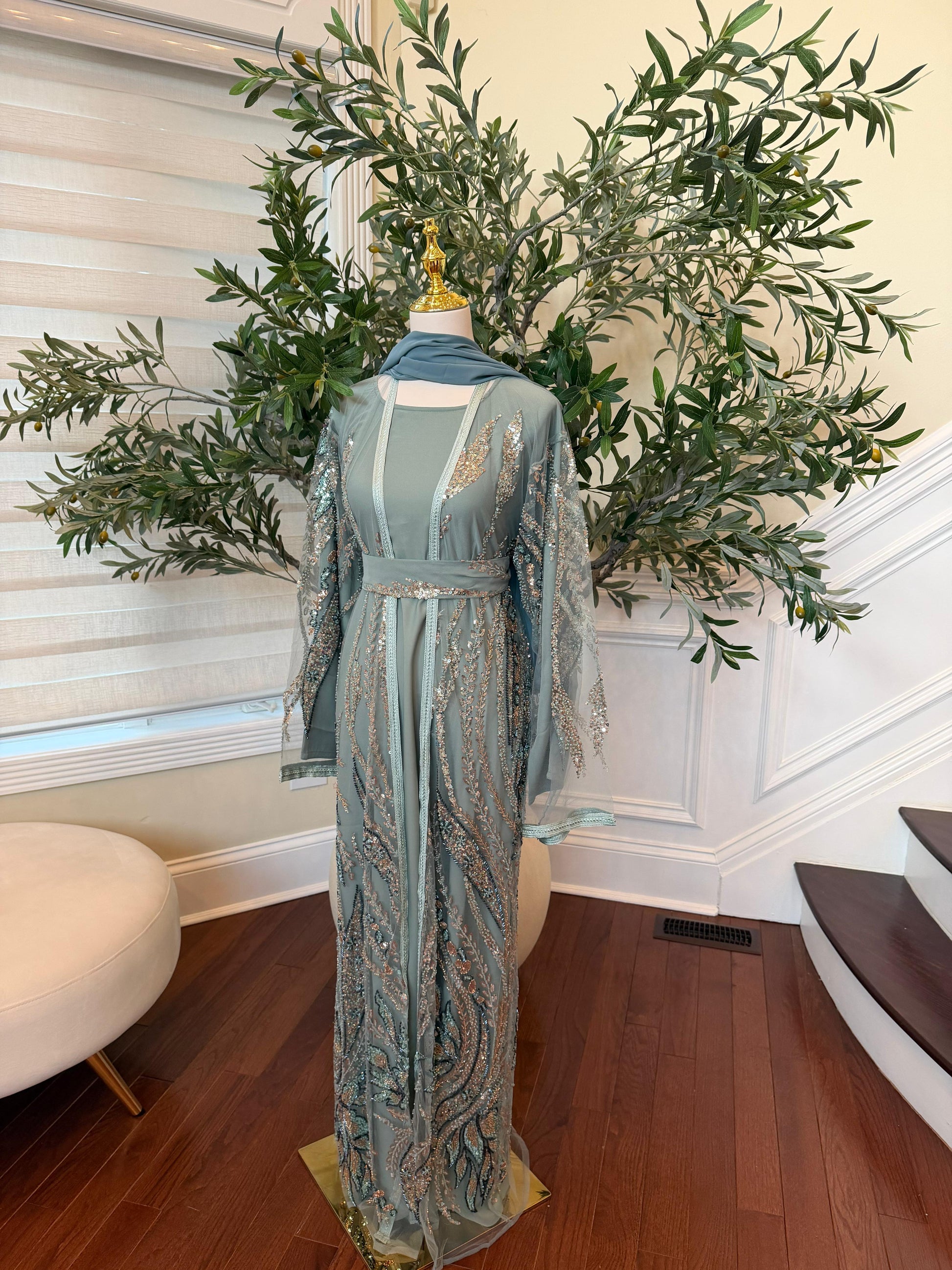 Mint Sequin Two Piece Abaya