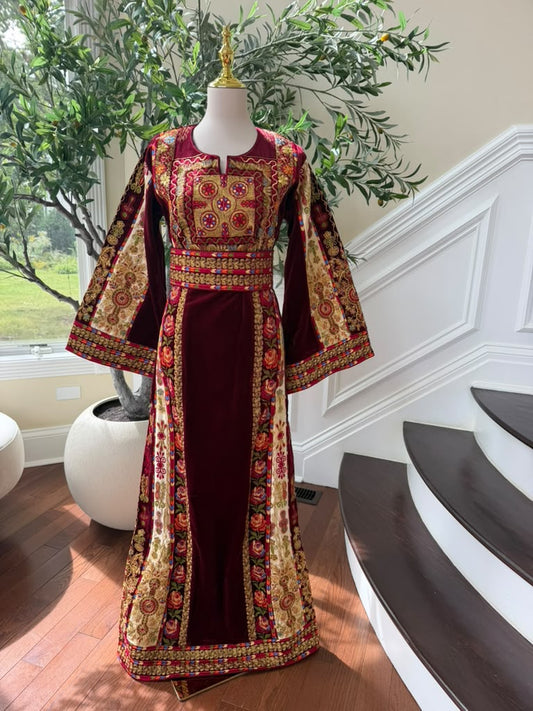 Burgundy Embroidery Tatreez Velvet Thobe