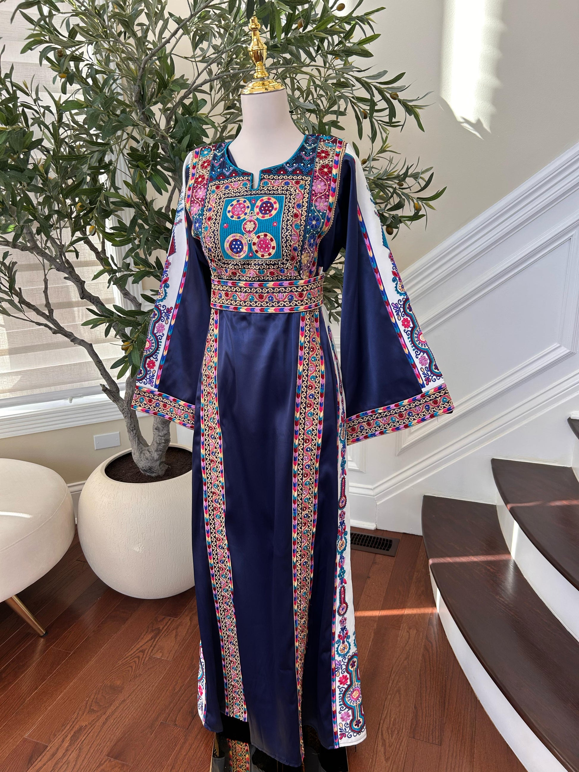 Navy Blue Satin Embroidered Tatreez Thobe