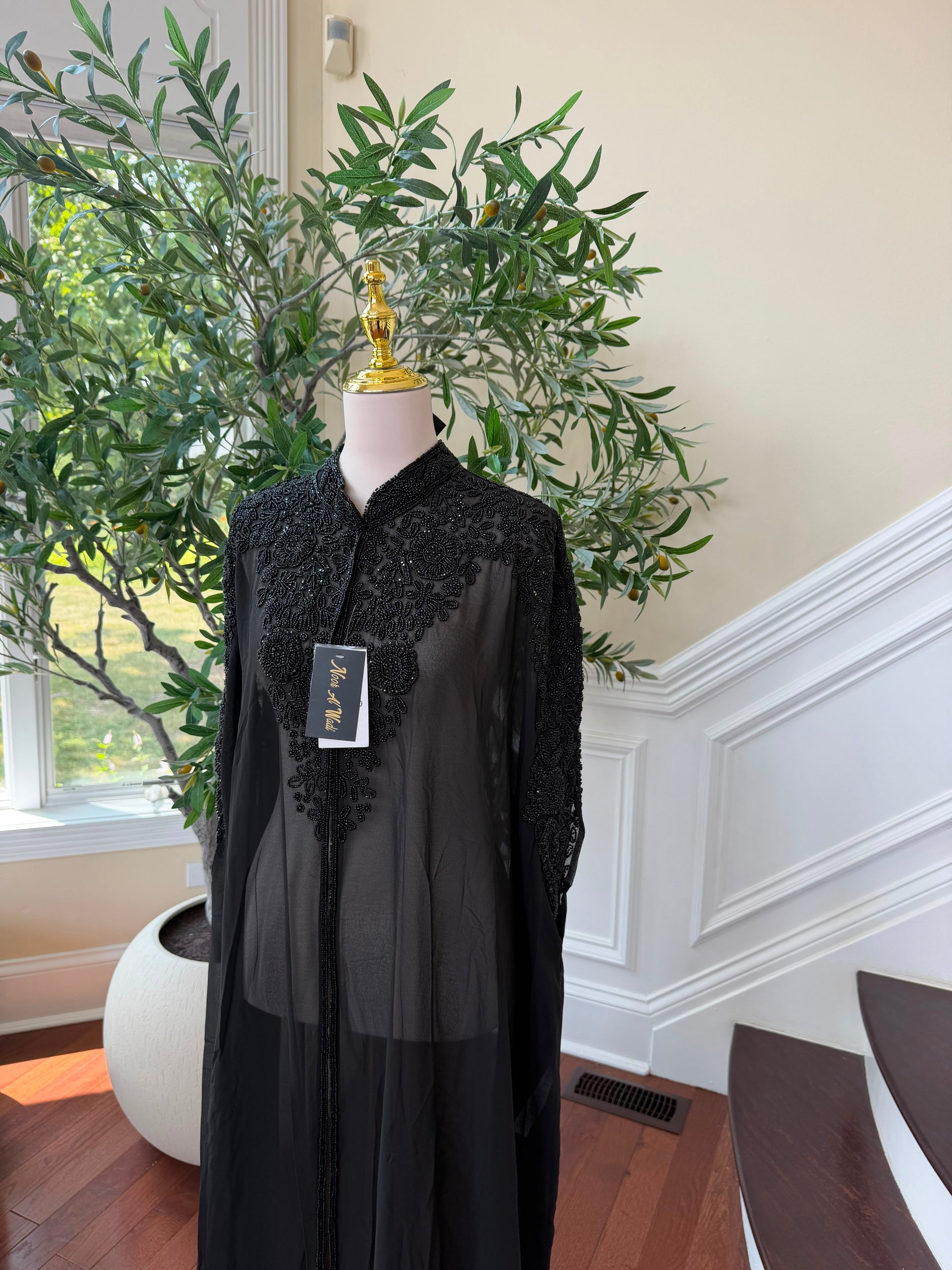 Black Beaded Elegance Charm Cardigan Abaya