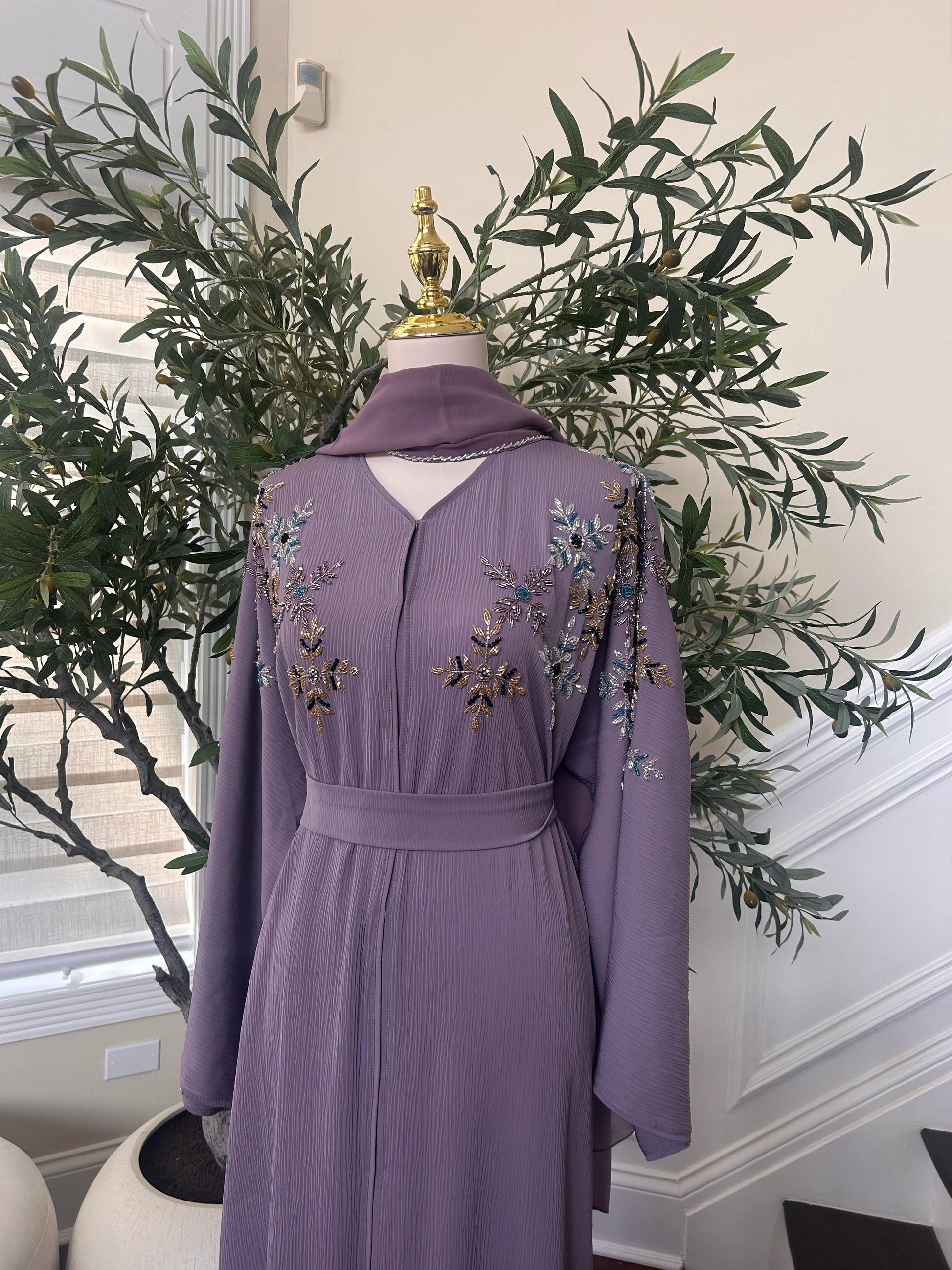 Lavender Beaded Floral Abaya