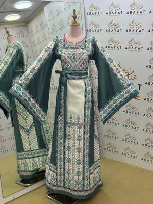 Luxury Palestinian Embroidered Thobe – Sage Green Traditional Design