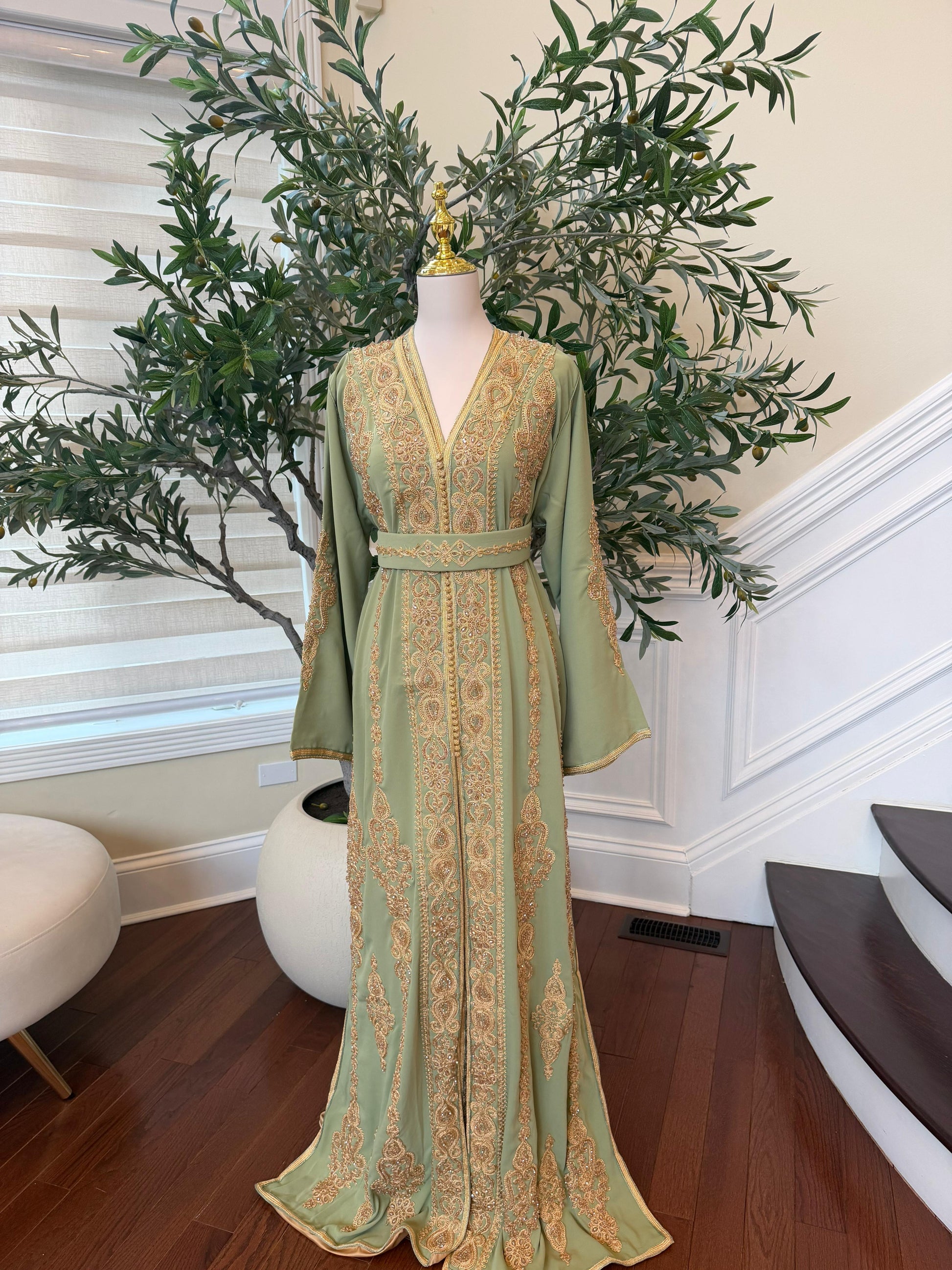Sage Green Golden Embroidery Kuftan