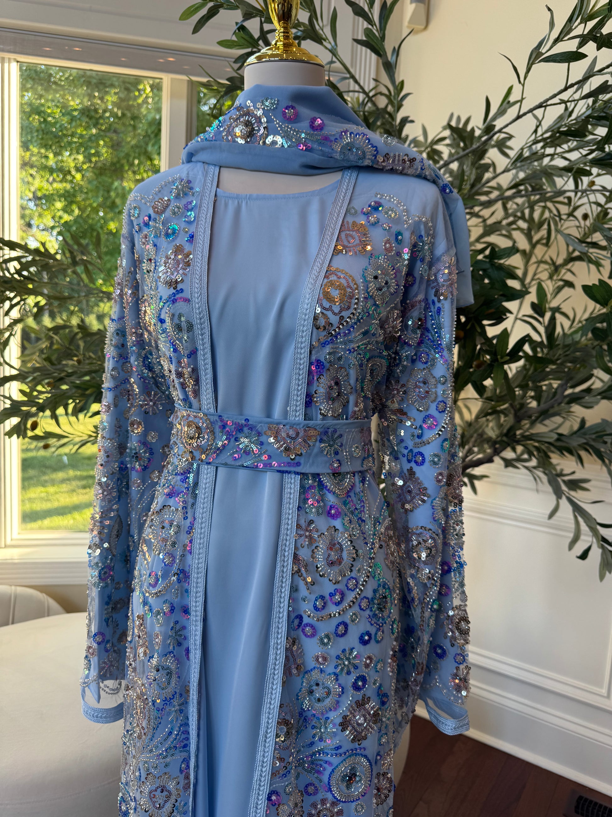 Baby Blue Floral Sequin Essence Abaya