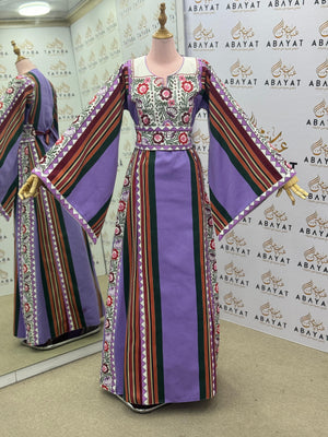 Lilac & Floral Palestinian Thobe – Traditional Embroidered Maxi Dress