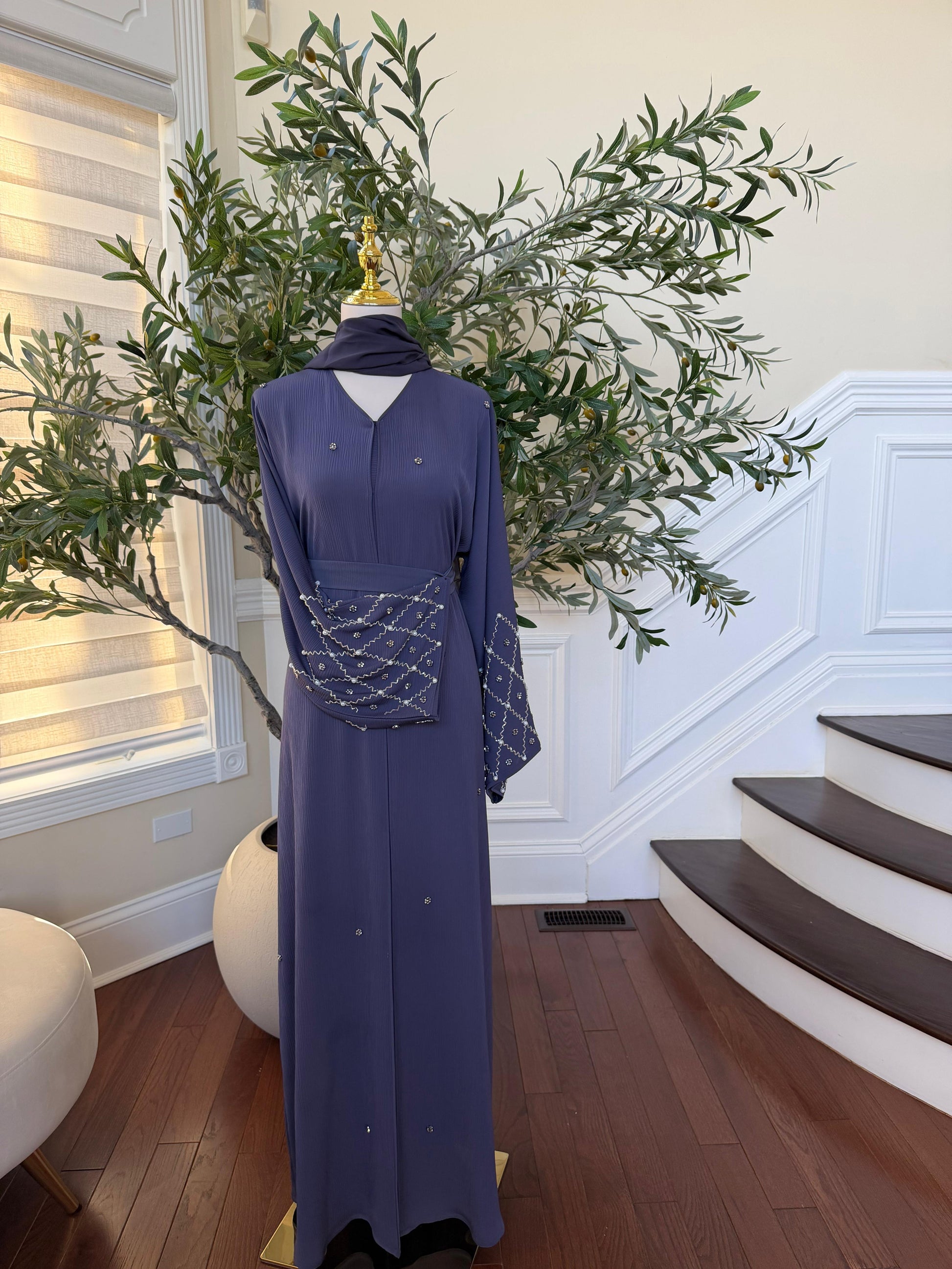 Lavender Blue Charm Stone Beaded Abaya
