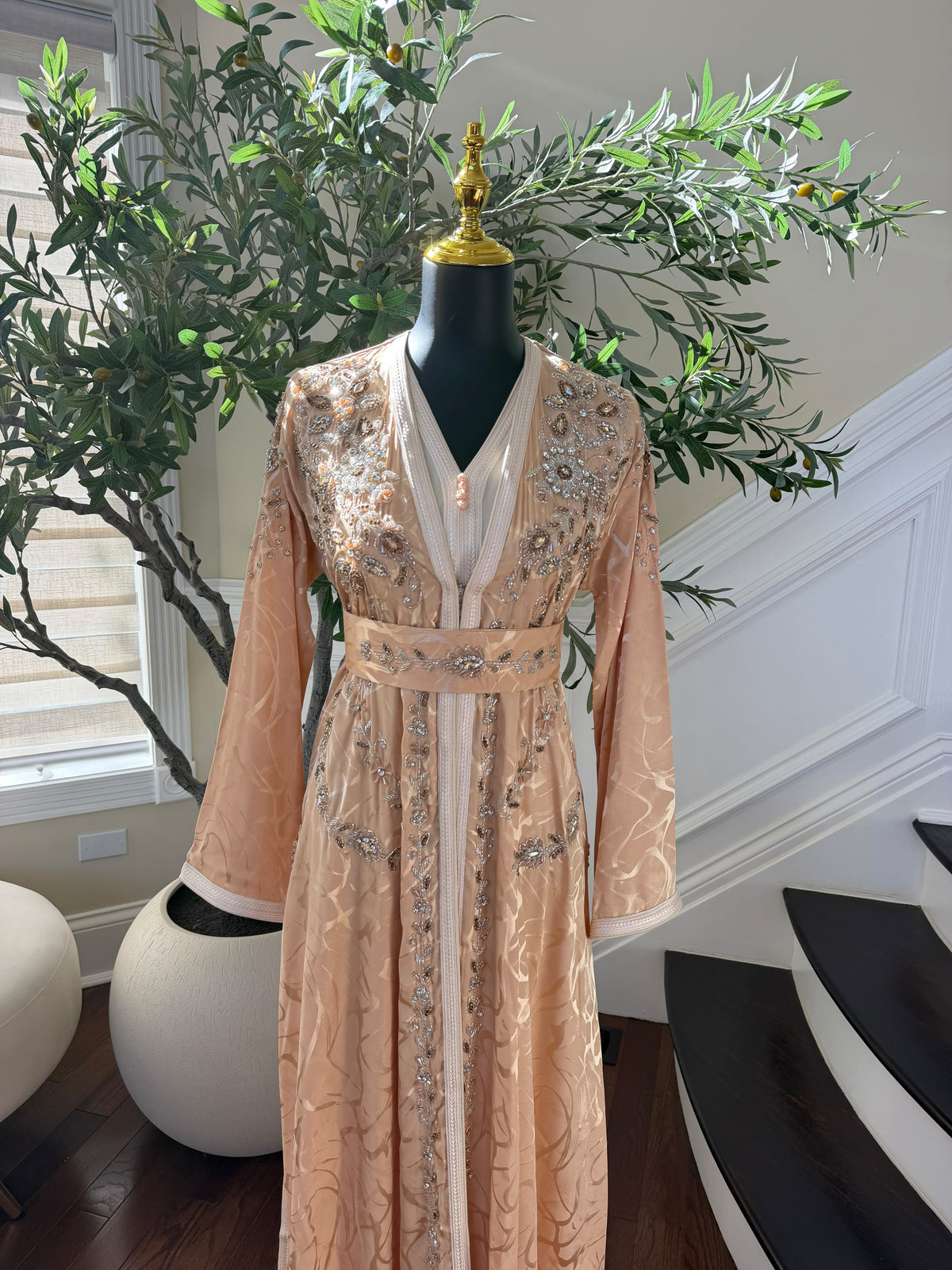 Elegant Peach Embroidered Kaftan with Silver Beadwork
