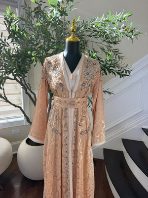 Elegant Peach Embroidered Kaftan with Silver Beadwork