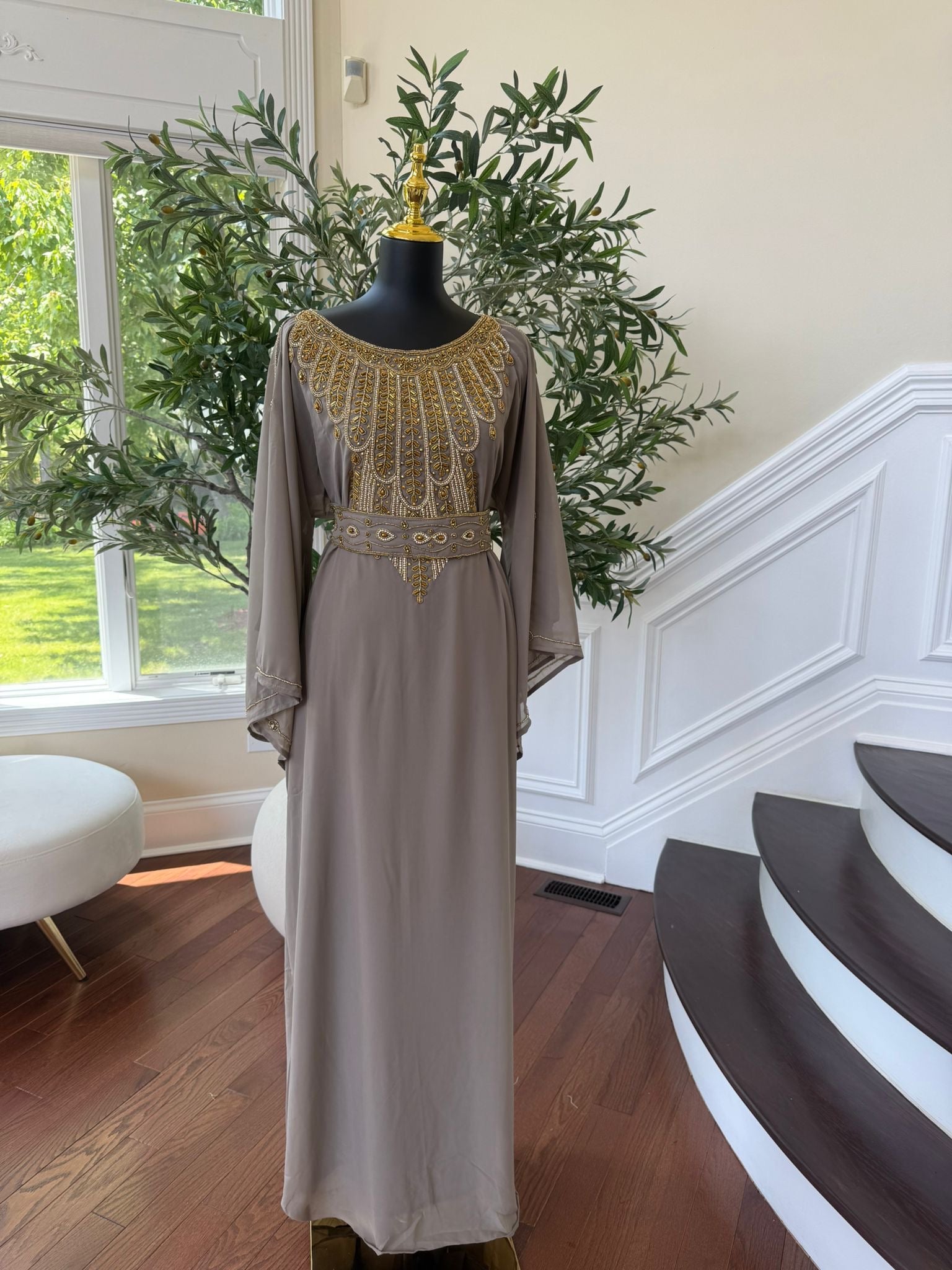 Taupe Elegant Beaded Kuftan Maxi Dress