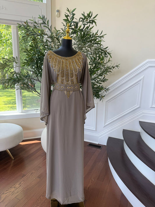 Taupe Elegant Beaded Kuftan Maxi Dress