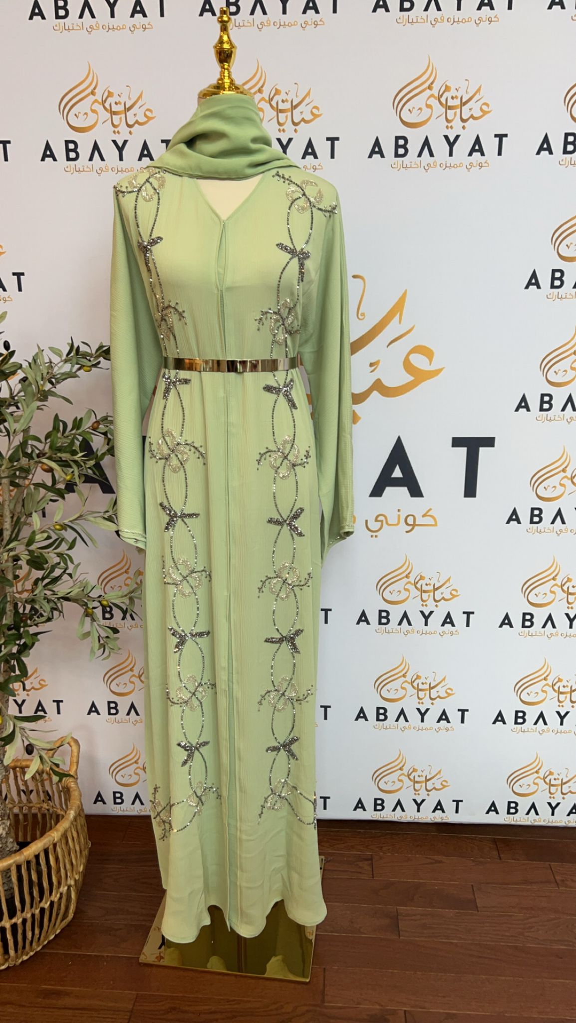 Elegant Mint Green Silver Abaya ABAYATMUNA Elegant Mint Green Silver Abaya ABAYATMUNA