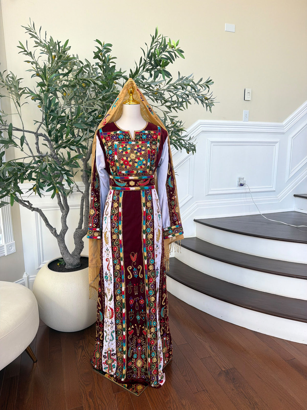 Elegant Burgundy Velvet Thobe with Colorful Embroidery and Matching Skirt included (scarf not included)
