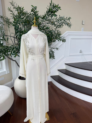 Off White Charm Beaded Floral Abaya
