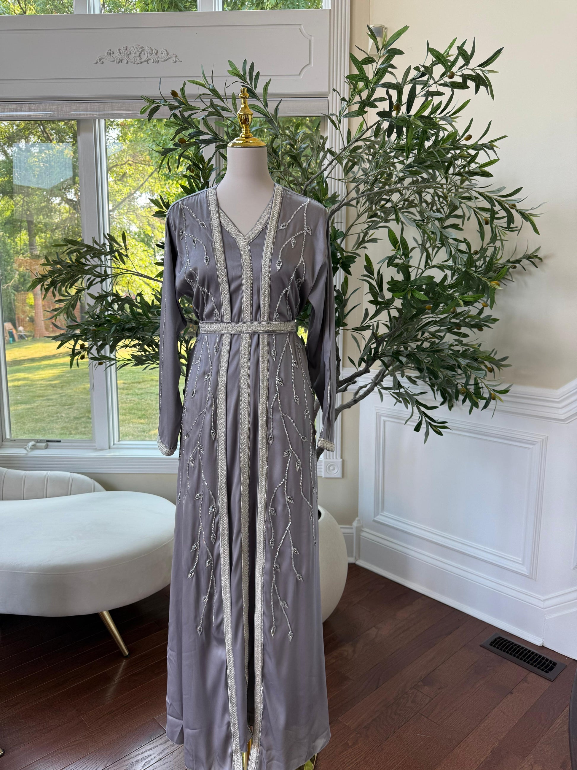 Grey Floral Two Piece Kuftan