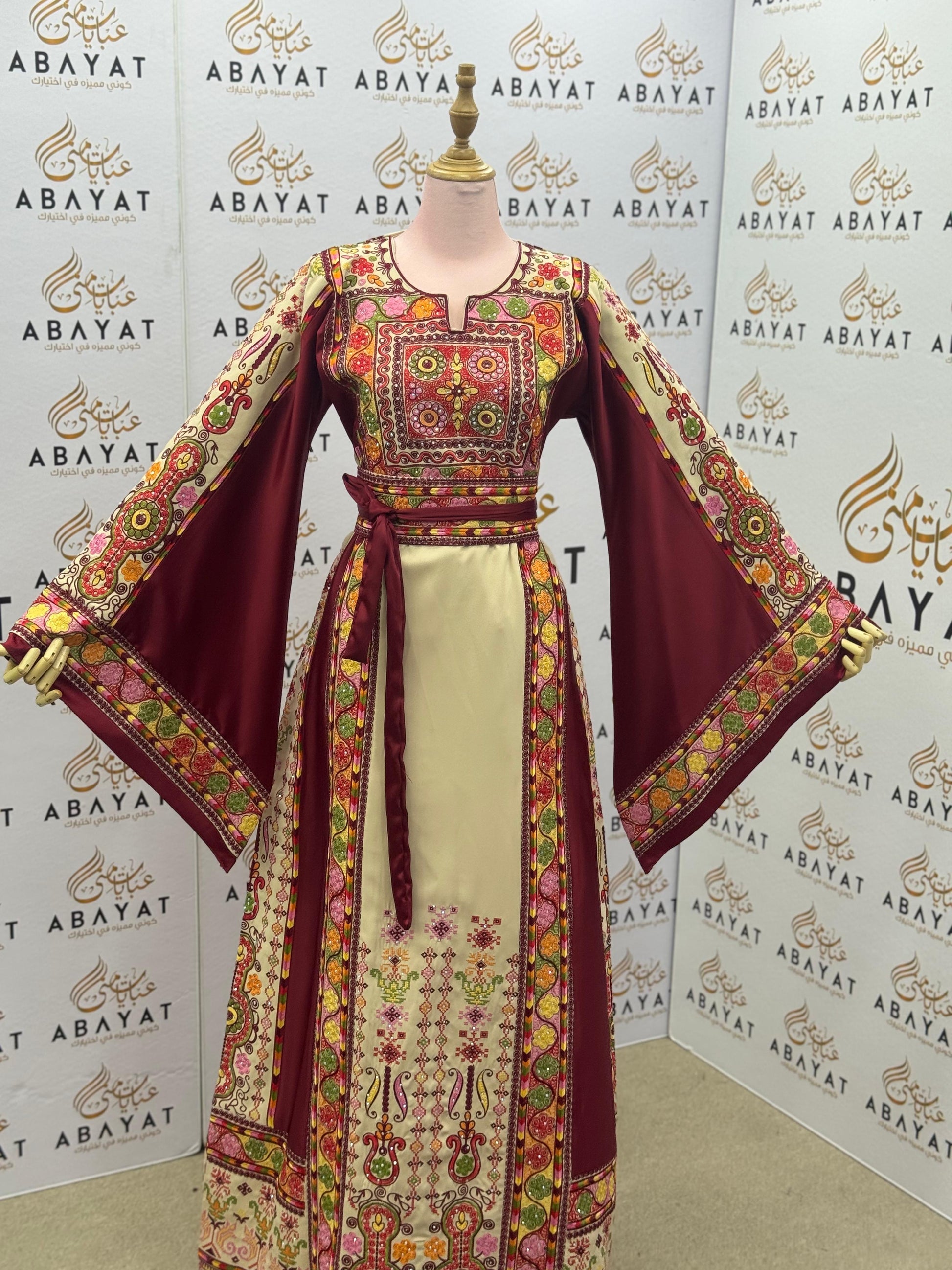 Burgundy & Cream Palestinian Embroidered Thobe – Multicolor Tatreez Maxi Dress with Wide Sleeves”