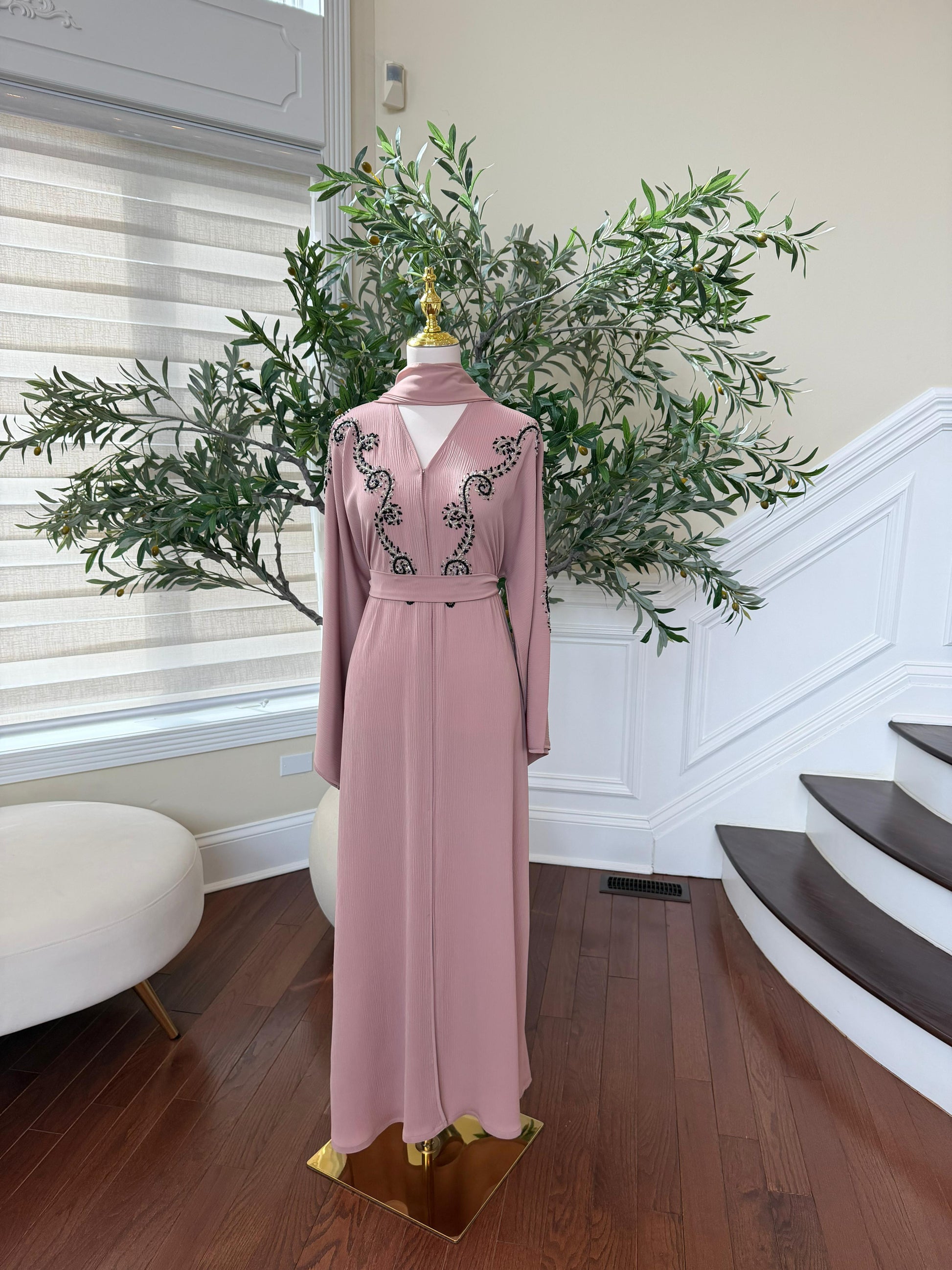 Peach Essence Black Beaded Abaya