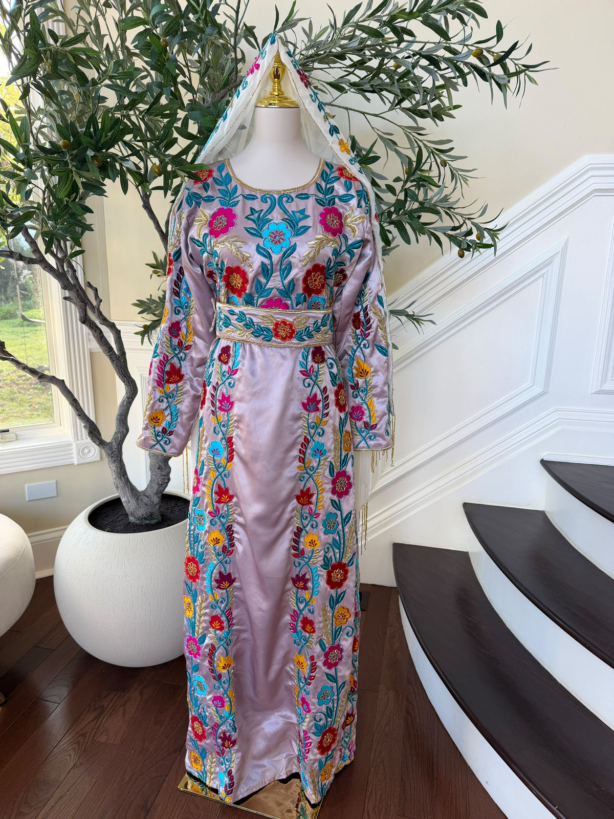 Blush Pink Palestinian Stone Thobe with Vibrant Multicolor Floral Embroidery(scarf not included)