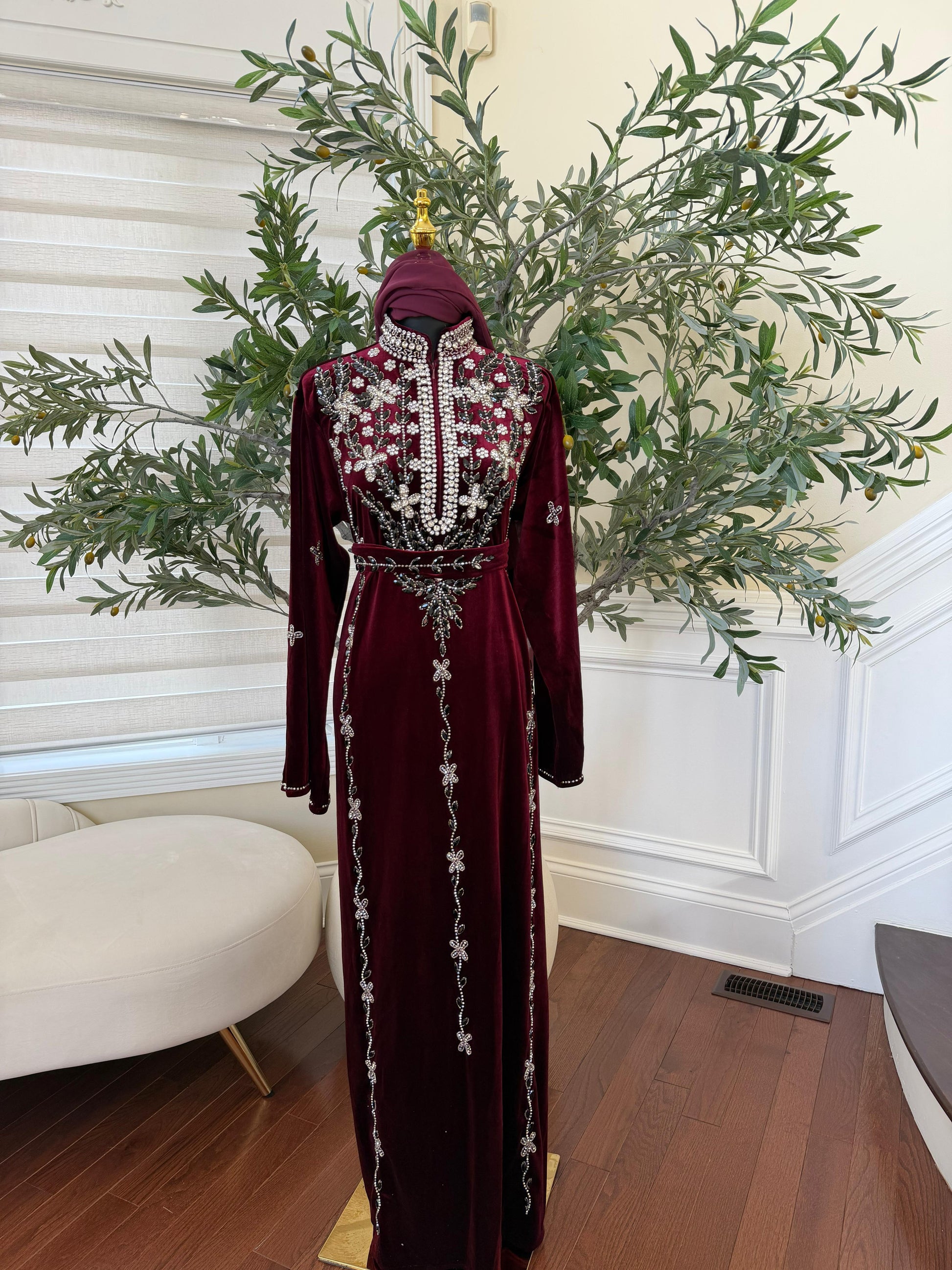 Burgundy Red Crystal Velvet Detailing Abaya
