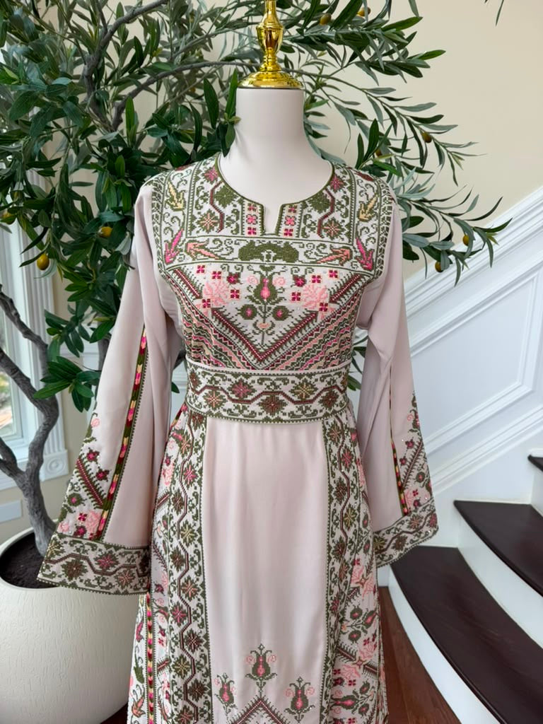 Cream Embroidery Green Tatreez Thobe