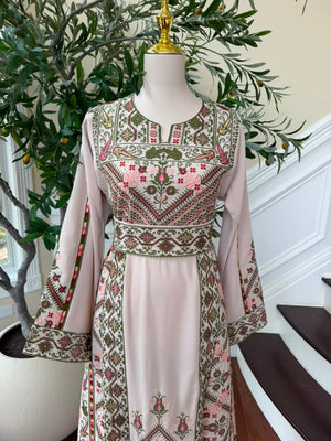 Cream Embroidery Green Tatreez Thobe