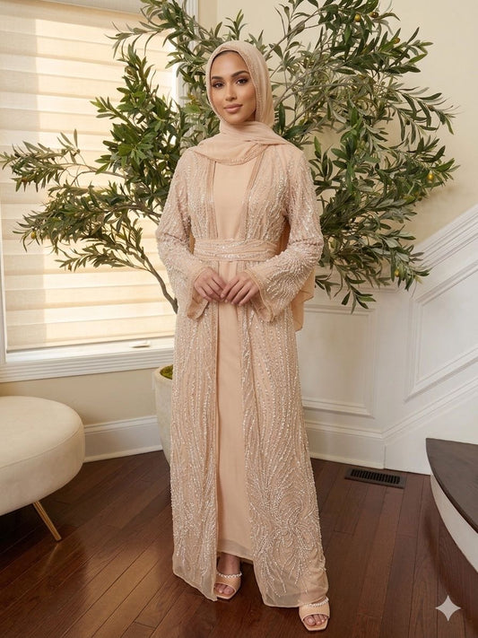Peach Silver Sequin Beaded Abaya