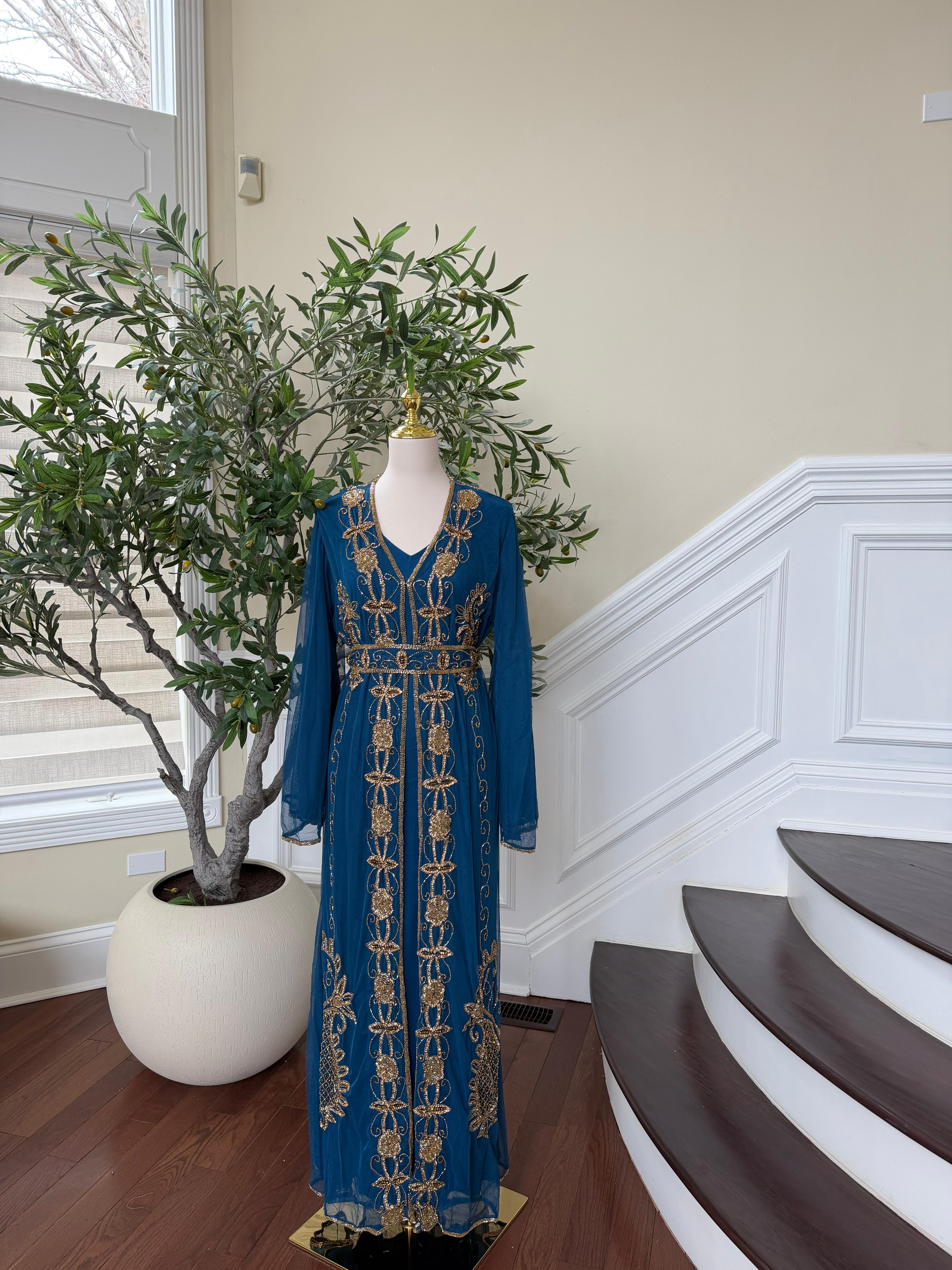 Golden Turquoise Detail Stone Cardigan Abaya