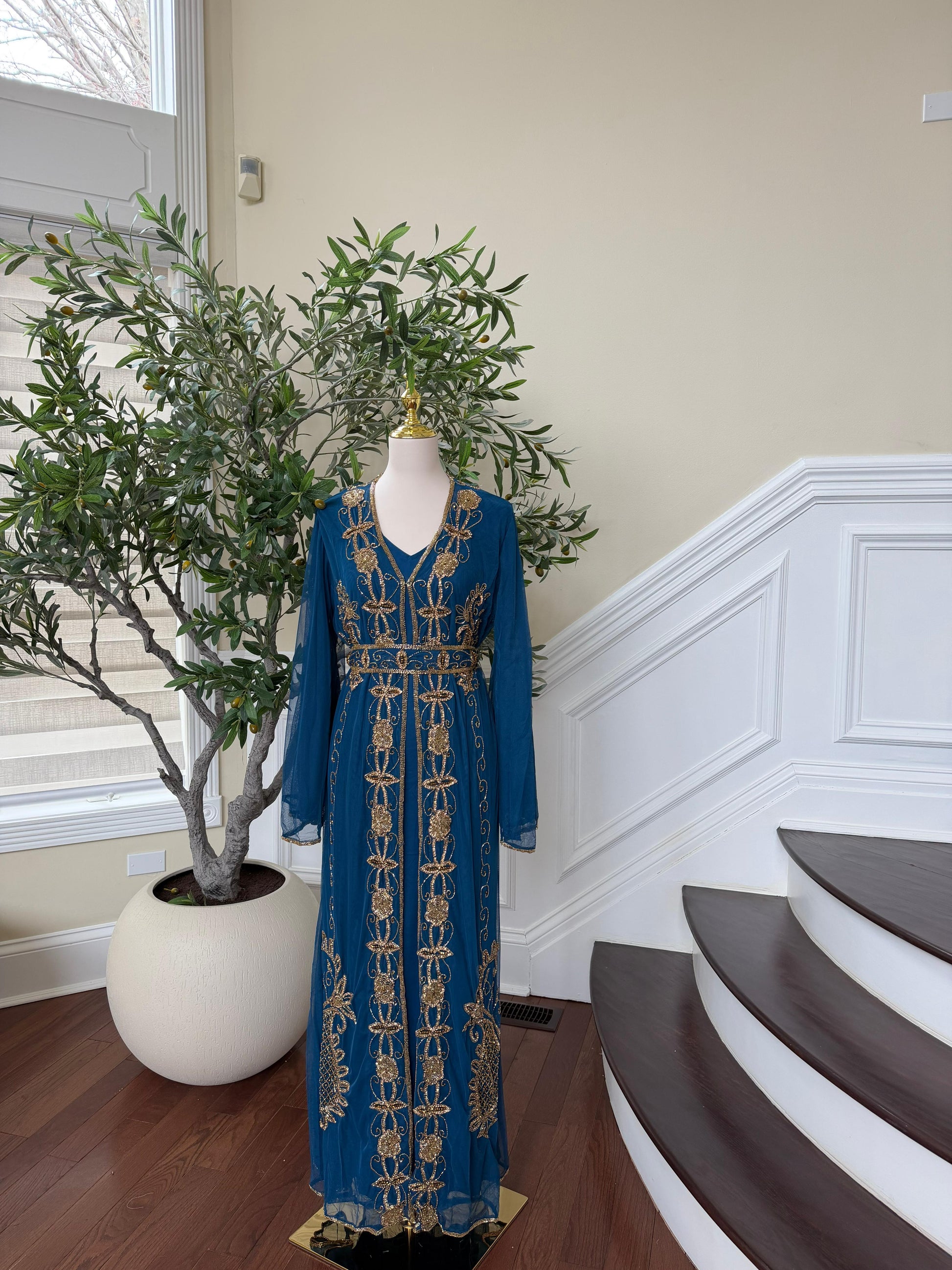 Golden Turquoise Detail Stone Cardigan Abaya