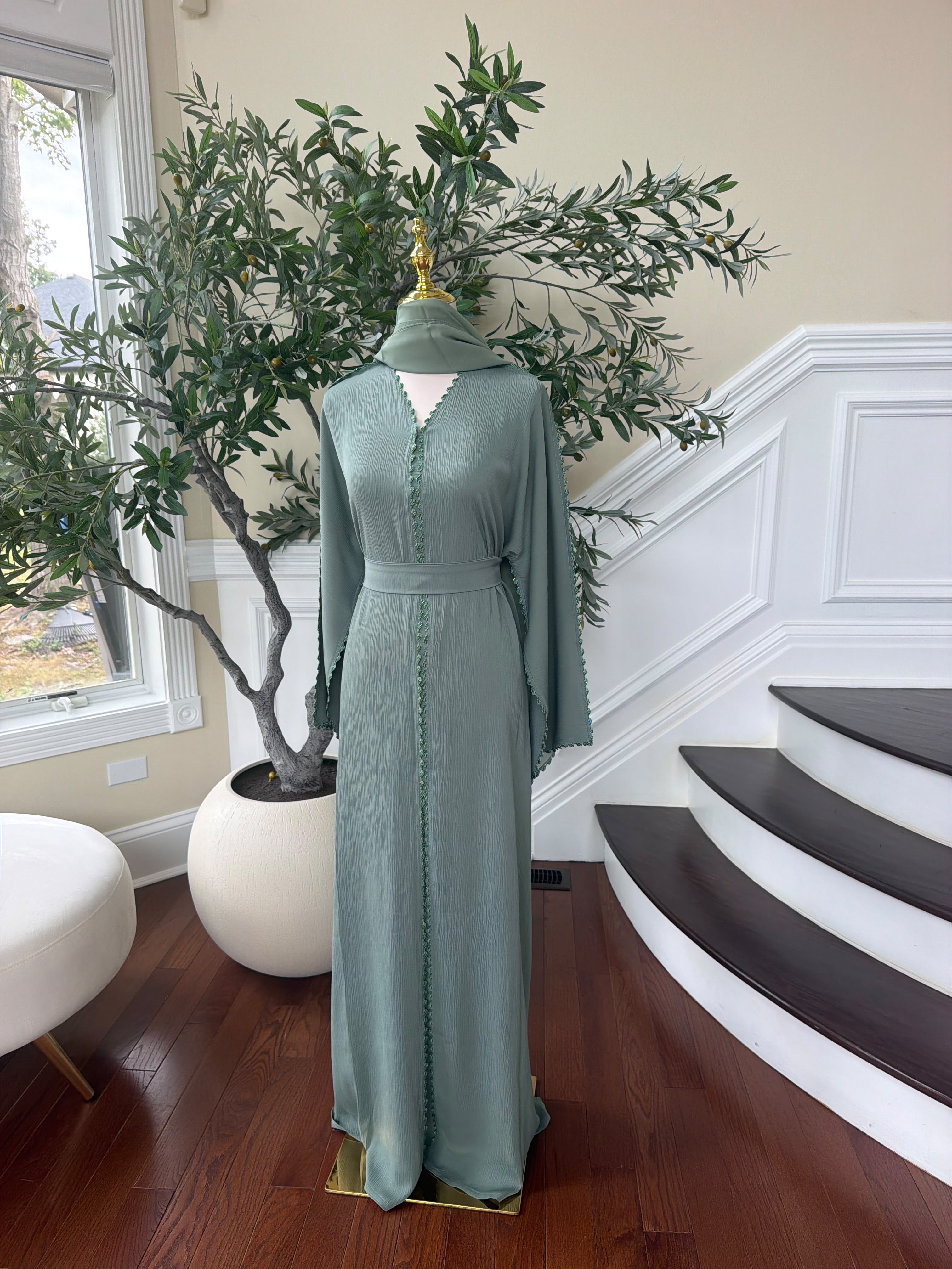 Mint Elegance Beaded Abaya