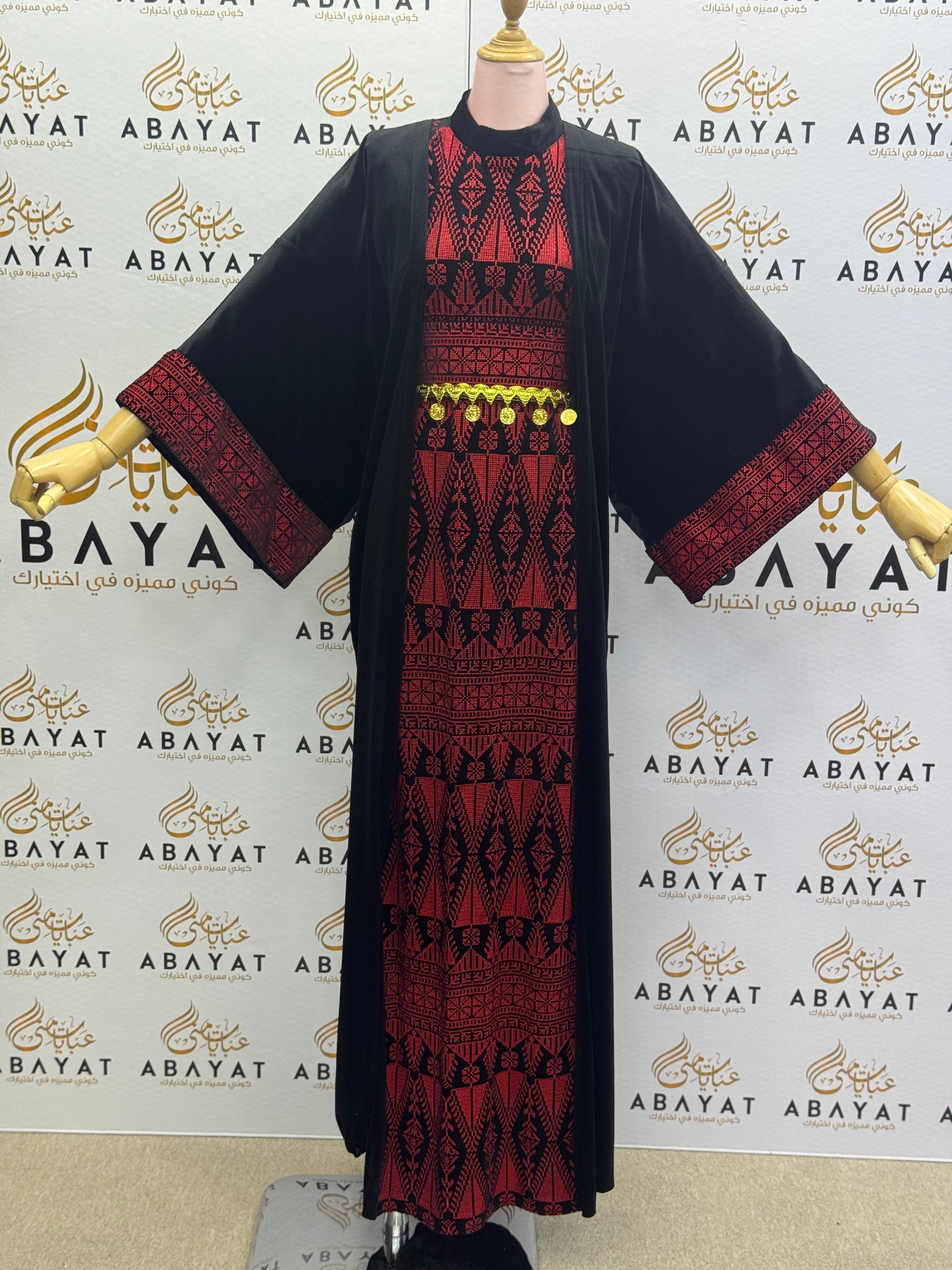 Black & Red Palestinian Thobe with Traditional Tatreez Embroidery and Open Abaya A1968