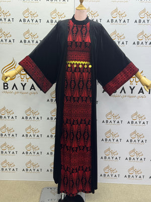 Black & Red Palestinian Thobe with Traditional Tatreez Embroidery and Open Abaya A1968